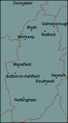 Nottinghamshire: Mansfield, Newark on Trent, Nottingham, Worksop Լܱߵ map