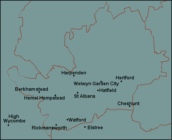 Hertfordshire: Hatfield, St Albans, Watford Լܱߵ map