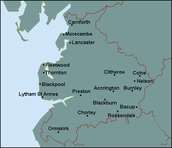 Lancashire: Blackpool, Burnley, Lancaster, Preston Լܱߵ map