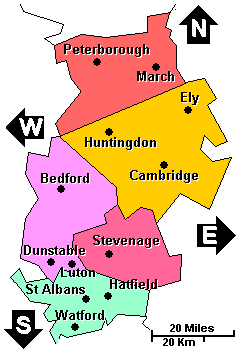 England: Bedfordshire, Cambridgeshire and Hertfordshire clickable map not loaded. Use links below