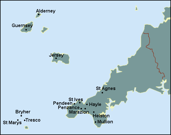 Cornwall, Isles of Scilly, Channel Islands: Penzance, Scilly Islands and surrounding area map