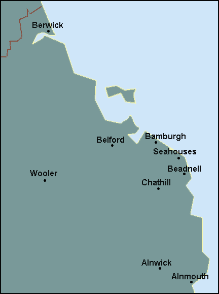 Northumberland: Alnwick, Berwick on Tweed and surrounding area map