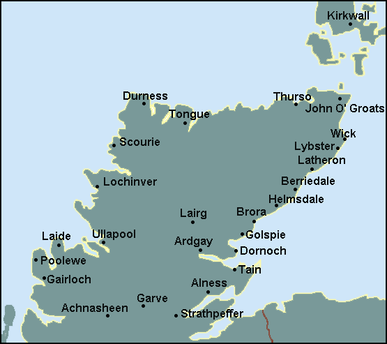 Highland: Thurso, Ullapool and surrounding area map