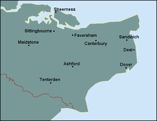 Kent: Ashford, Canterbury, Sheerness and surrounding area map