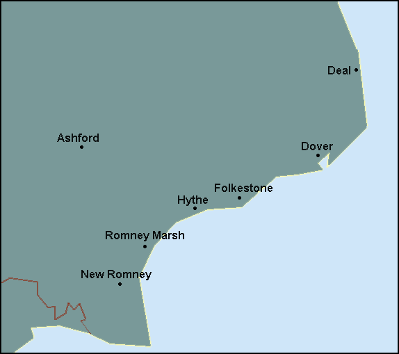 Kent: Dover, Folkestone and surrounding area map