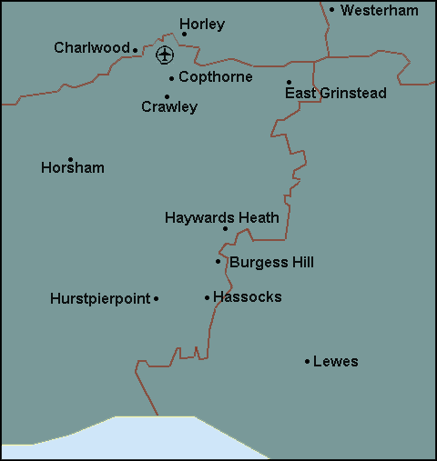 West Sussex: Gatwick, Horsham and surrounding area map