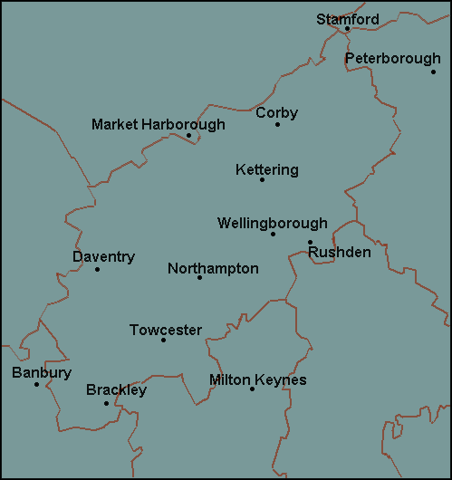 Northamptonshire: Kettering, Northampton, Wellingborough and surrounding area map