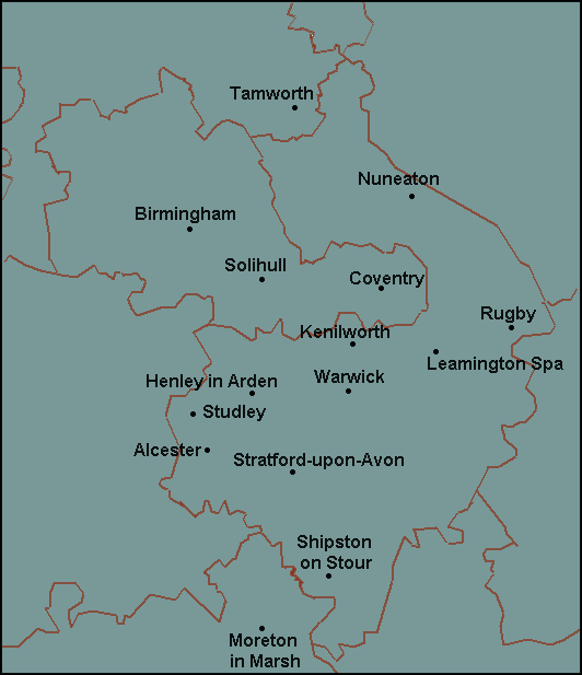 Warwickshire: Nuneaton, Stratford upon Avon, Warwick and surrounding area map