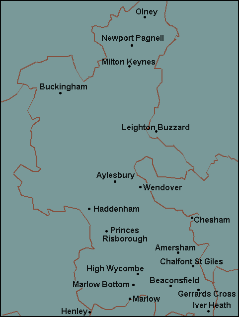 Buckinghamshire: Amersham, Aylesbury, Milton Keynes and surrounding area map
