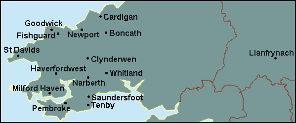 Ceredigion and Pembrokeshire: Cardigan, Fishguard, Tenby and surrounding area map