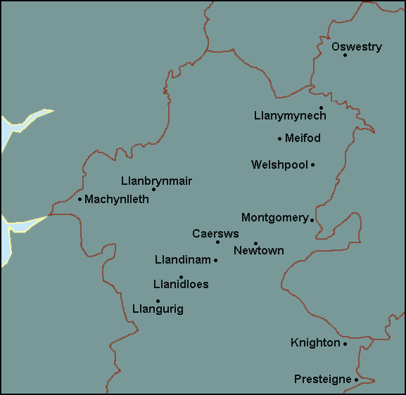 Powys: Llangurig, Welshpool and surrounding area map