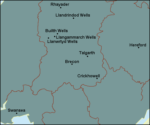 Powys: Brecon, Llandrindod Wells and surrounding area map