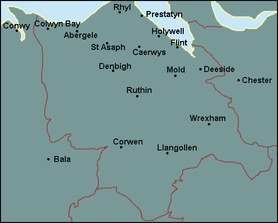 Conwy and Denbighshire: Prestatyn, Ruthin, Wrexham and surrounding area map