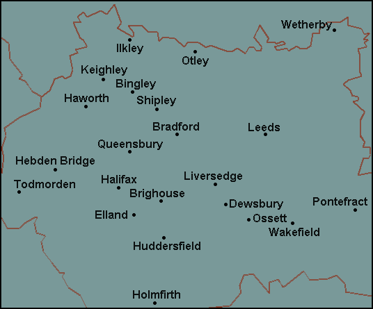 West Yorkshire: Bradford, Leeds and surrounding area map