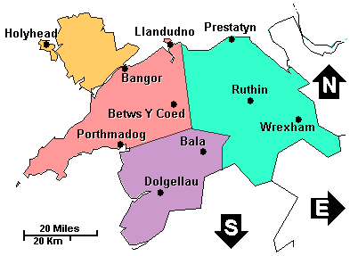 Wales: Conwy, Denbighshire, Gwynedd and Isle of Anglesey clickable map not loaded. Use links below