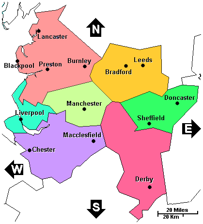 England: Cheshire, Derbyshire, Lancashire, Greater Manchester, South Yorkshire and West Yorkshire clickable map not loaded. Use links below