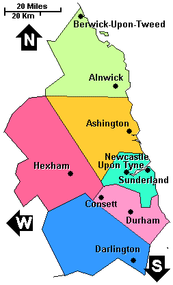 England: Durham, Northumberland and Tyne and Wear clickable map not loaded. Use links below