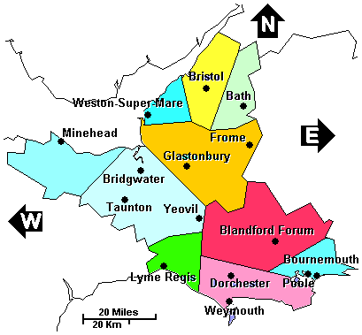 England: City of Bristol, Dorset and Somerset clickable map not loaded. Use links below