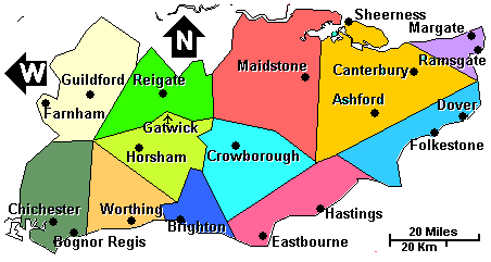 England: Kent, Surrey and Sussex clickable map not loaded. Use links below