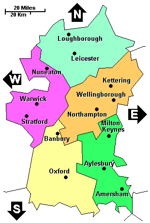 England: Buckinghamshire, Leicestershire, Northamptonshire, Oxfordshire and Warwickshire clickable map not loaded. Use links below