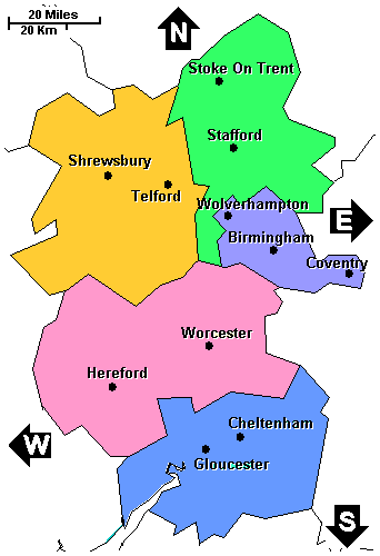 England: Gloucestershire, Herefordshire, Shropshire, Staffordshire, West Midlands and Worcestershire clickable map not loaded. Use links below